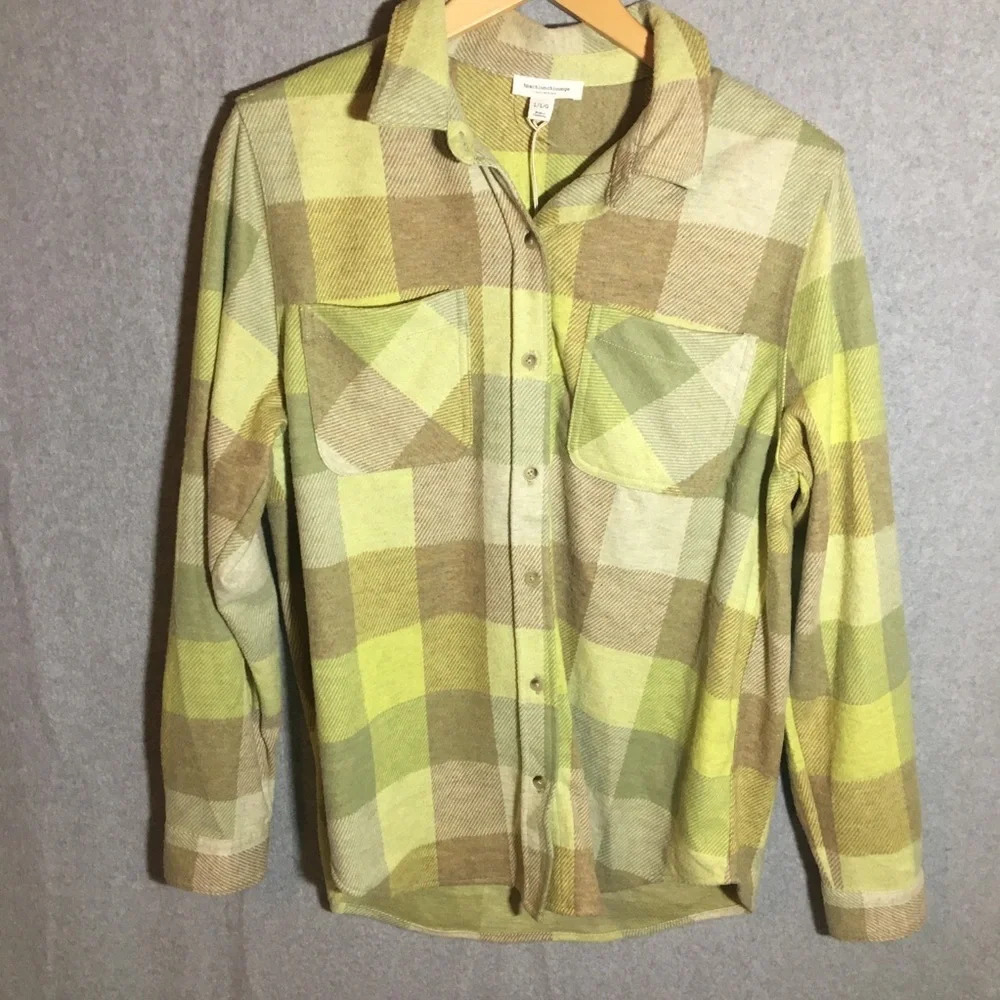 Womens NWT Beachlunchlounge Shacket Yellow Green Plaid Winter Colorful Full